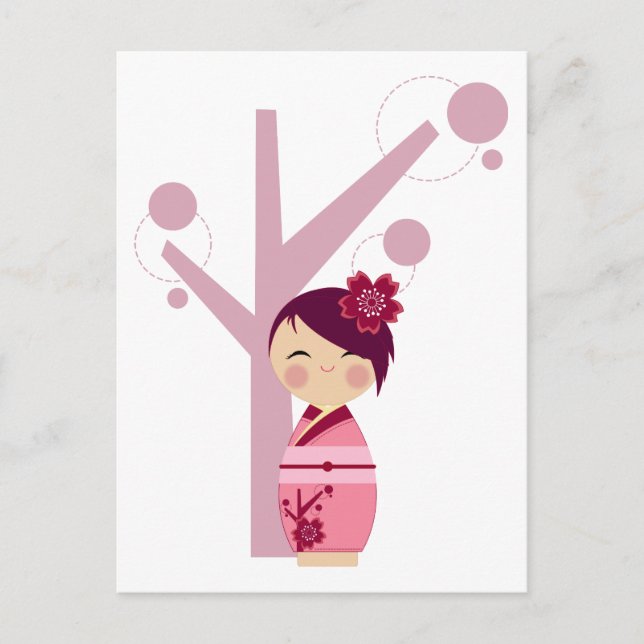 Postal de árbol de cerezos y sakura de Kokeshi (Anverso)