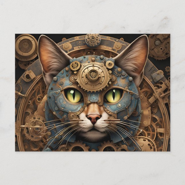 postal de arte de la IA del gato azul steampunk (Anverso)