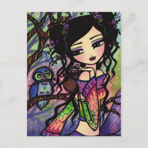 Postal de arte de la sirena asiática de búho lindo