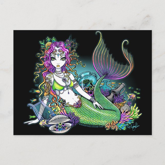 Postal de arte de la sirena tropical arcoiris "Lyr (Anverso)