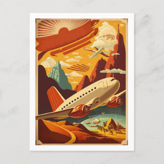 Postal de arte de viajes de vintage de avión rojo