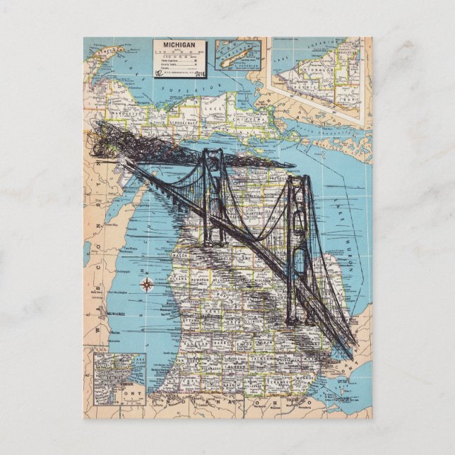 Postal de arte del mapa de Michigan (parte trasera (Anverso)