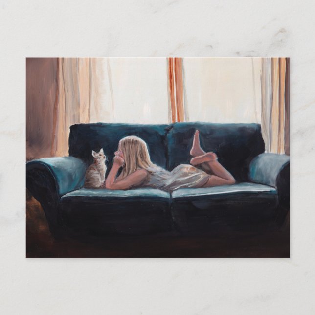 Postal de arte figurativo de conversación de gato (Anverso)