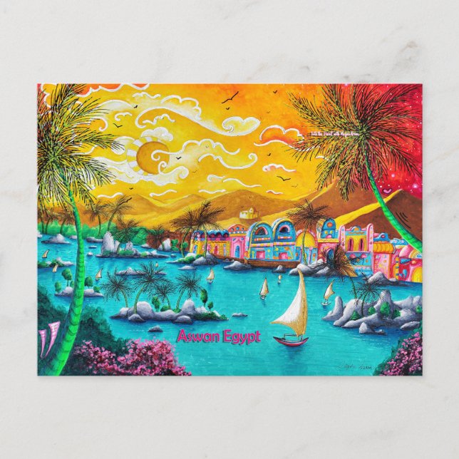 Postal de arte PoP de viaje de la aldea nubia Aswa (Anverso)