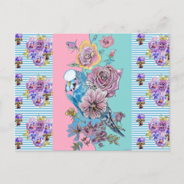 Postal de arte Shabby Chic Budgie Pastel Blue Stri (Anverso)