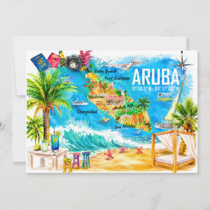 Postal de Aruba Mapa de Viaje Ilustrado del Caribe