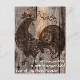 Postal de Astrología China con gallo de madera