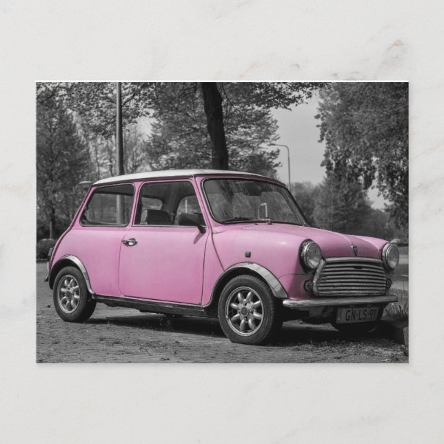 Postal de auto Mini Cooper rosa (Anverso)