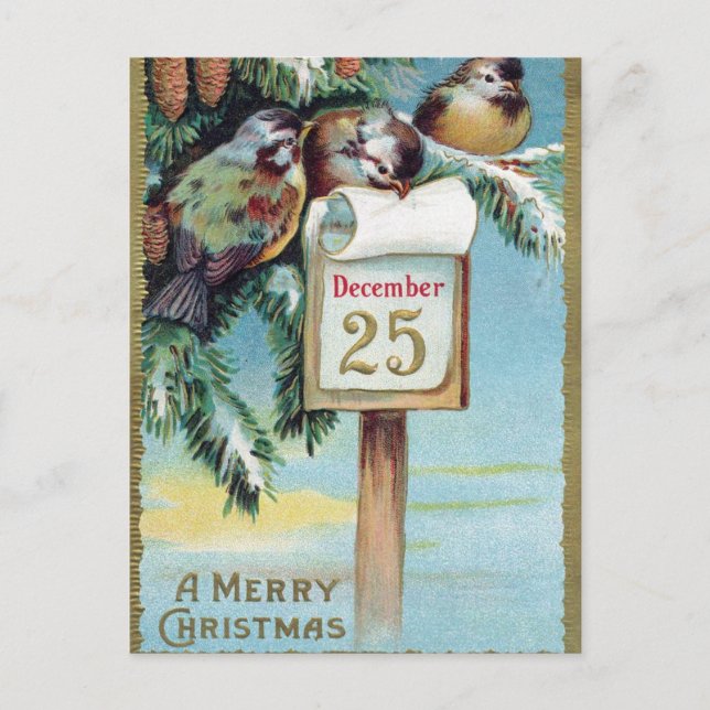 postal de aves navideñas vintage (Anverso)