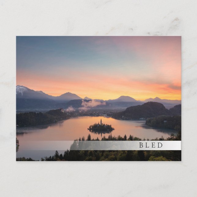 Postal de bar Sunrise sobre Lake Bled (Anverso)