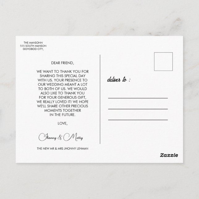 Postal de Boda fotográfico con guión moderno (Reverso)