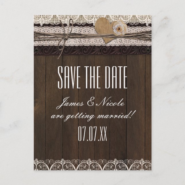Postal de Boda Rústico Burlap Lace & Wood (Anverso)