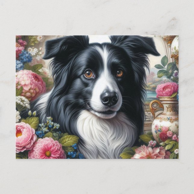 Postal de Border Collie con rosas rosadas victoria (Anverso)