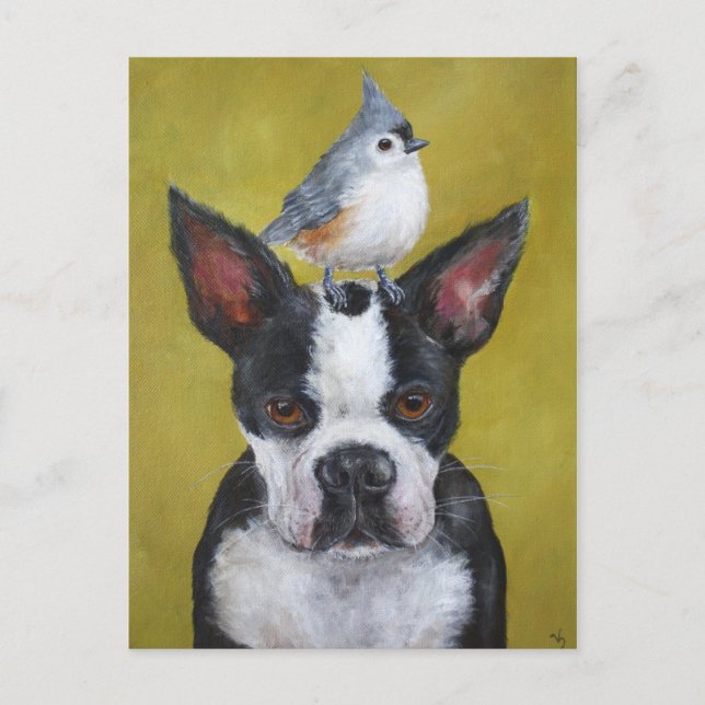 Postal de Boston Terrier y titmouse (Anverso)