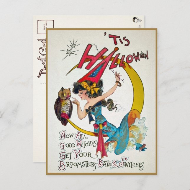 Postal de bruja de Halloween de época (Anverso / Reverso)