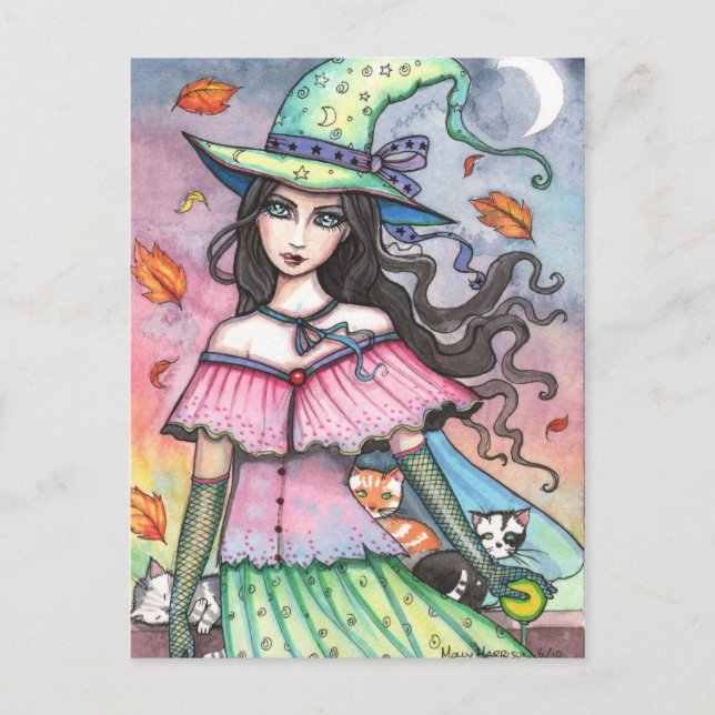 Postal de Bruja y 3 Gatos por Molly Harrison (Anverso)