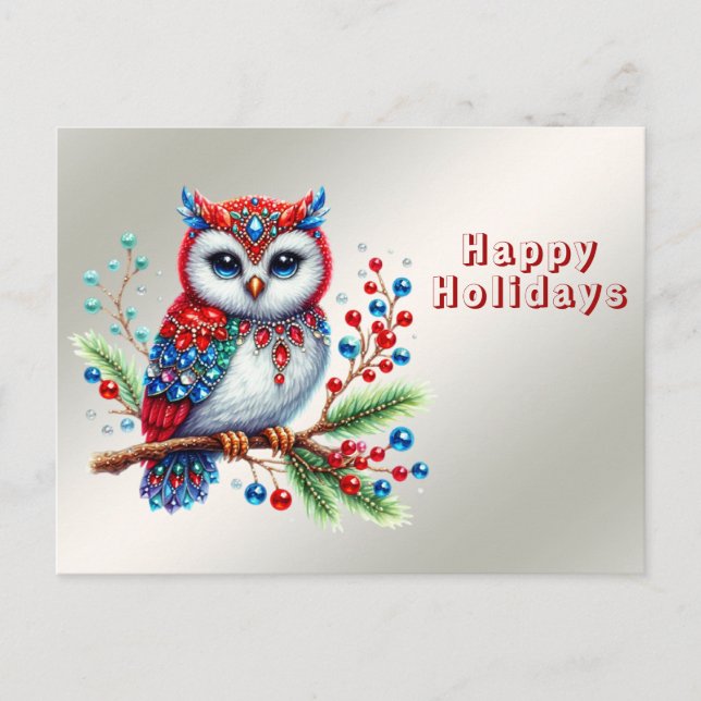 Postal de búho de Navidades coloridos (Anverso)