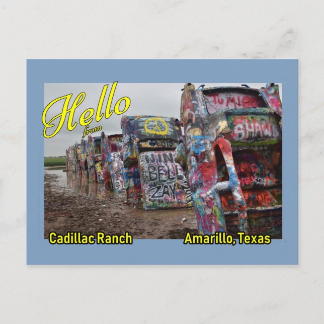 Postal de Cadillac Ranch en Amarillo, Texas (Anverso)