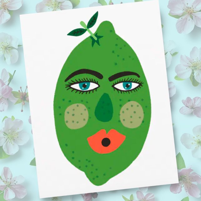 Postal de cal caprichosa (Funny whimsical lime fruit with a face. Customize with your own text)