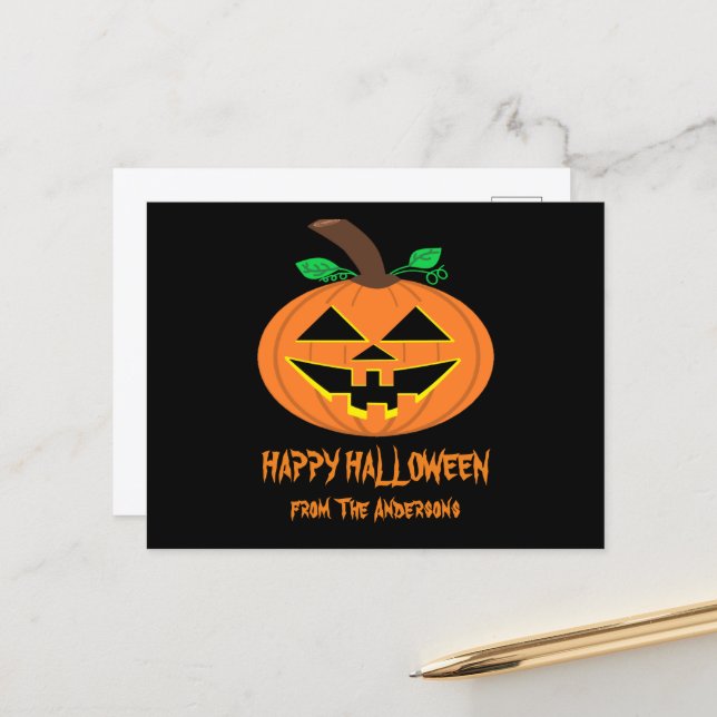 Postal de calabaza sonriente feliz de Halloween (Anverso/Reverso In Situ)