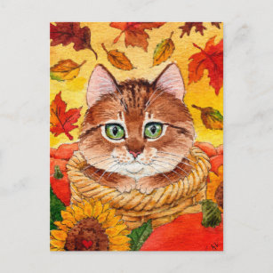 Postal de calabazas de la cesta de otoño de un gat