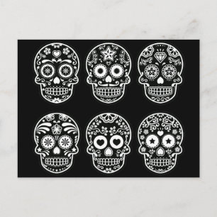 Postal de cráneo de azúcar negro y blanco