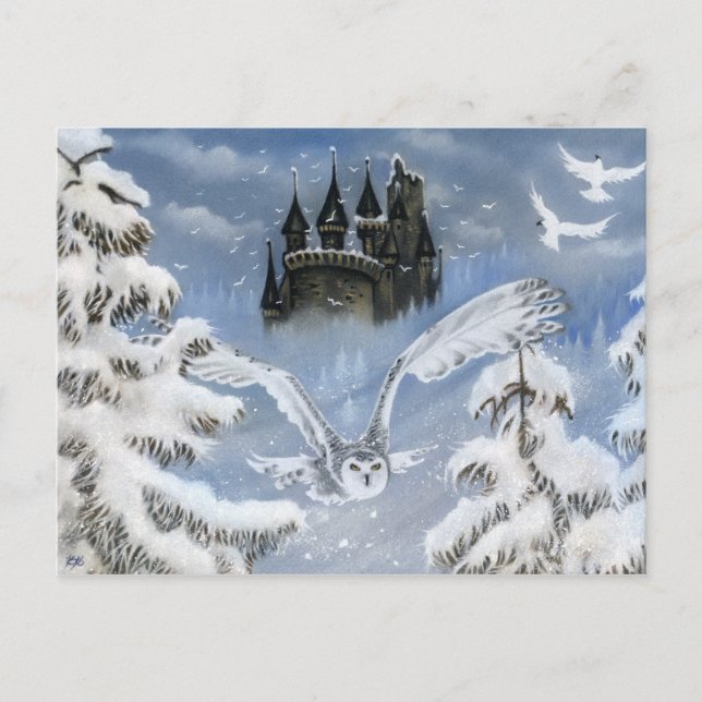 Postal de cuento de hadas de invierno Owls Castle (Anverso)