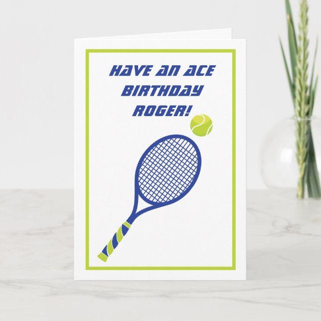Postal de cumpleaños azul y verde para el tenis (Anverso)