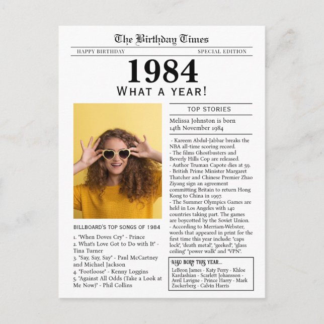 postal de cumpleaños de periódico de 1984 (Anverso)