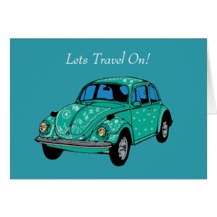 Postal de dibujo del arte del auto Hippie azul