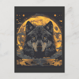 Postal de diseño lobo con estrellas lunares comple