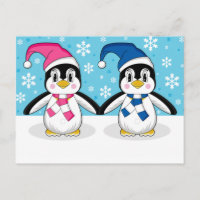 Postal de dos pingüinos de corte