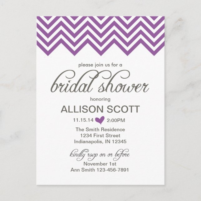 Postal de ducha de novia Purple Chevron (Anverso)