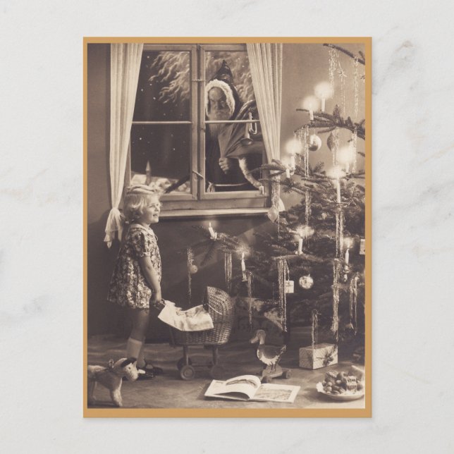 Postal de época de chica y árbol de Navidad (Anverso)