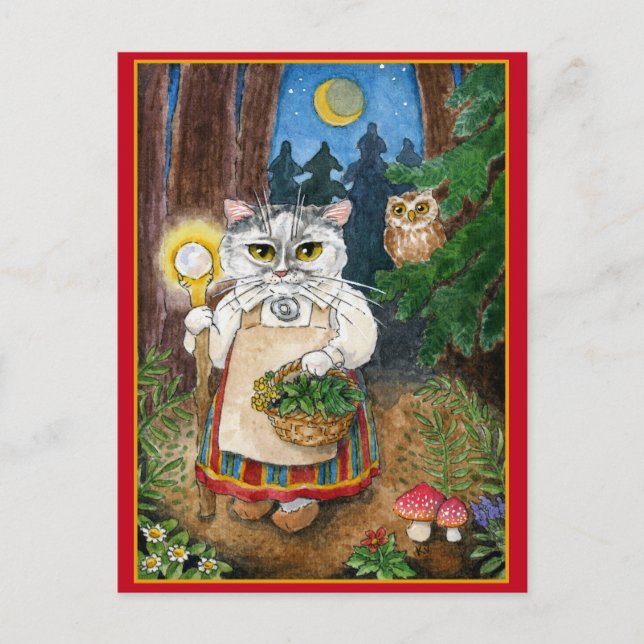 Postal de fantasía de gato brujo (Anverso)