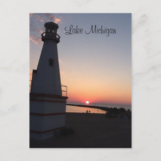 Postal de faro de lagos Michigan Sunset