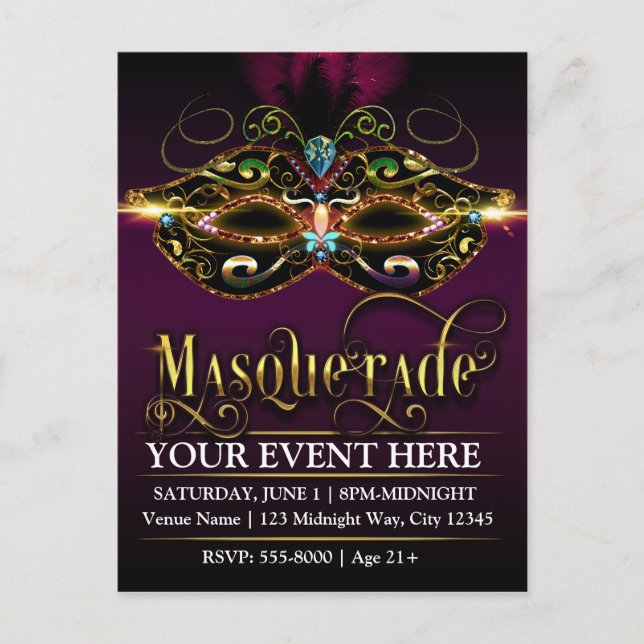 Postal de Fiesta promocional púrpura MASQUERADE Má (Anverso)