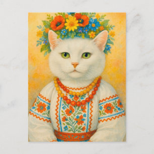 Postal de flor ucraniana de gato blanco