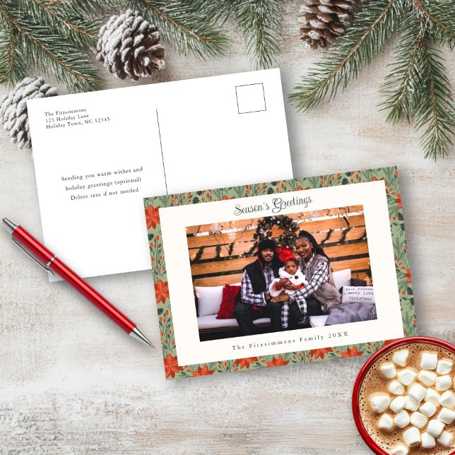 Postal de fotografía de vacaciones de Poinsettia d (Poinsettia Season Photo Christmas Postcard sage green)