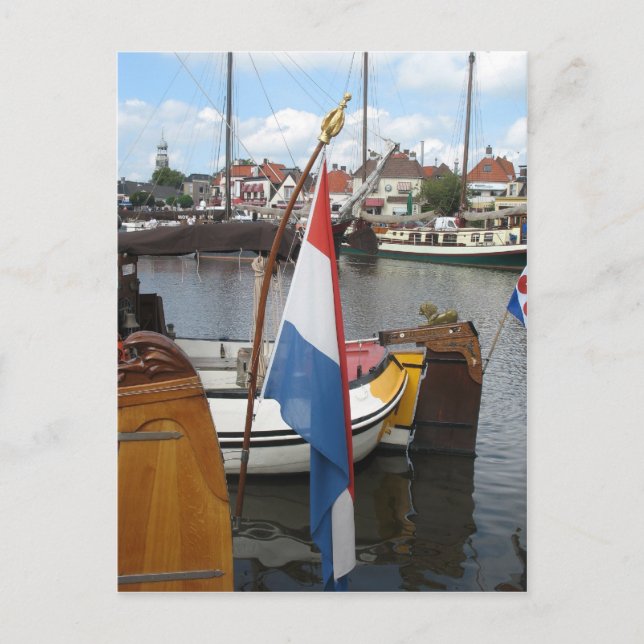 Postal de Fryslan, bandera holandesa, barcos y pue (Anverso)