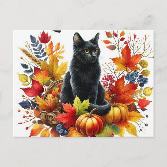 Postal de Gata Negra de Otoño y Hojas Estacionales (Anverso)