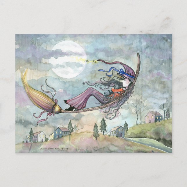 Postal de gato bruja de Halloween de Molly Harriso (Anverso)