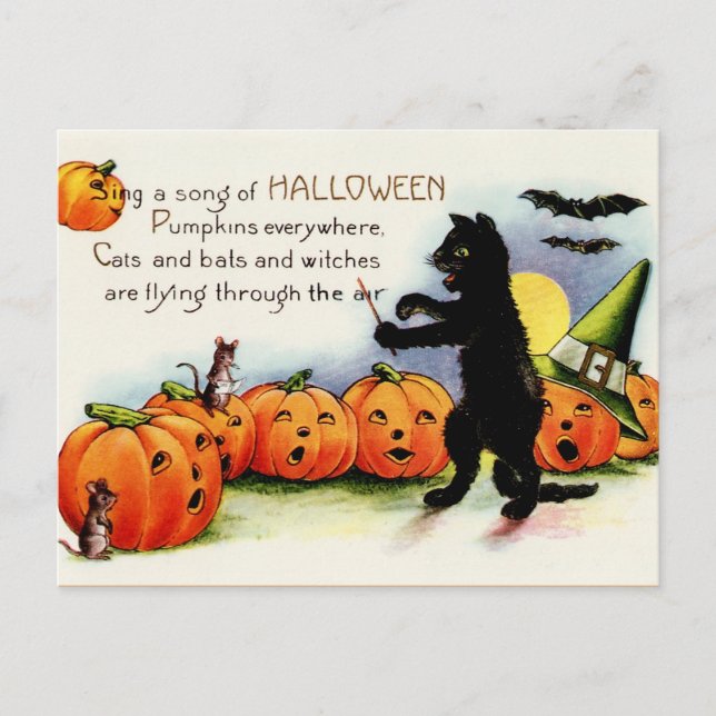 Postal de gato negro, calabazas cantantes, Hallowe (Anverso)