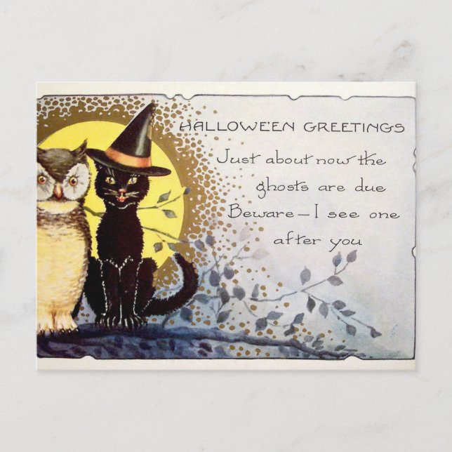 Postal de gato y búho de Halloween vintage (Anverso)