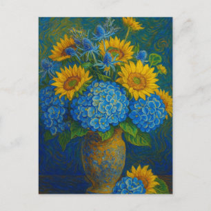 Postal de girasol e hidrangea