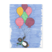 Postal de globos y artistas pingüinos