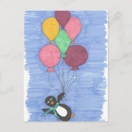 Postal de globos y artistas pingüinos