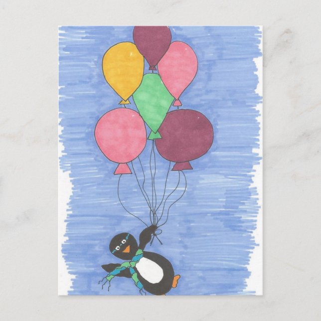 Postal de globos y artistas pingüinos (Anverso)