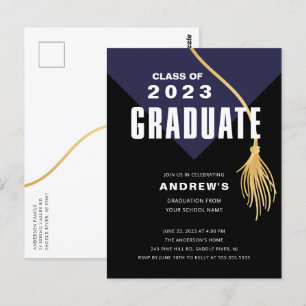 Postal de graduación moderna negrita y azul
