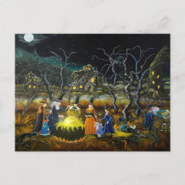 Postal de Halloween, brujas alrededor del caldero